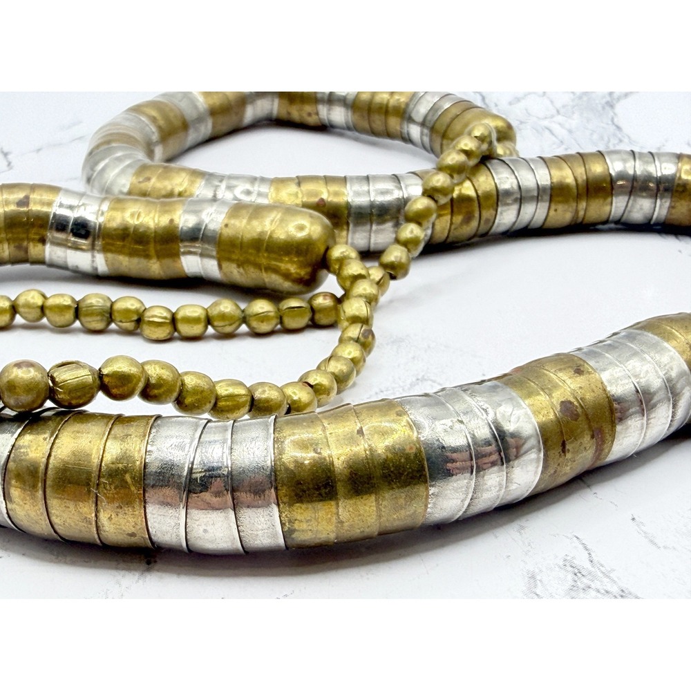 Chunky Two Tone Gold Silver Heishi Style Disc Necklace 33" Statement - Picture 3 of 6